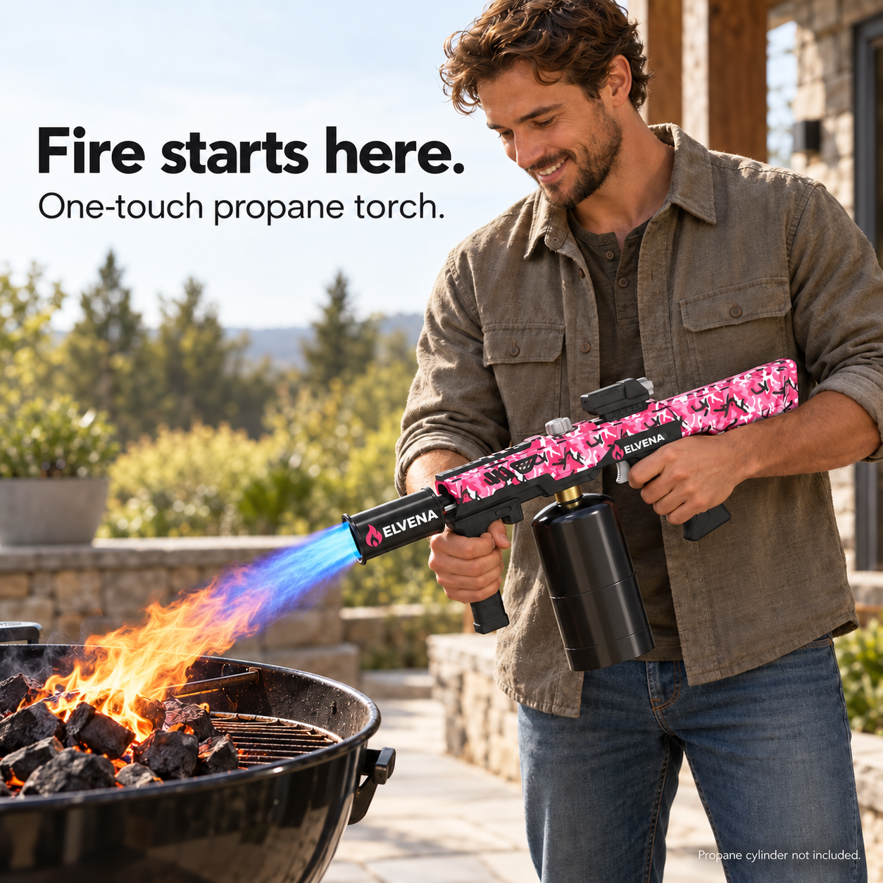 Torch lighting charcoal outdoors
