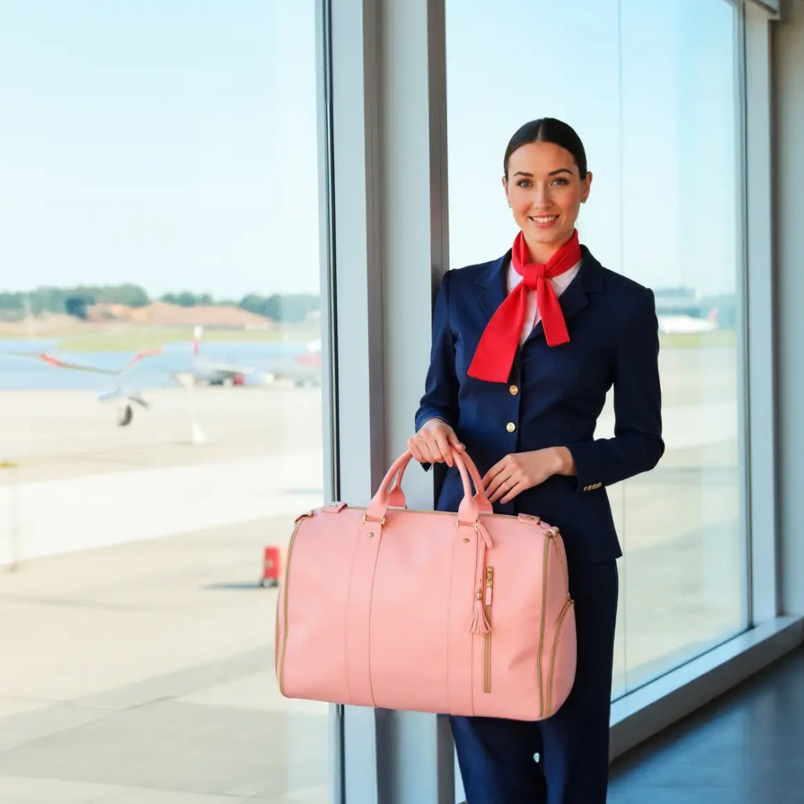 Traveller holding a rose Elvena bag at the airport
